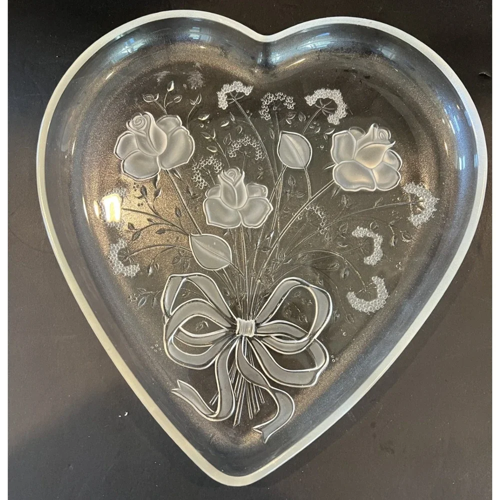 Large Heart Shaped Frosted Rose Glass Platter 13